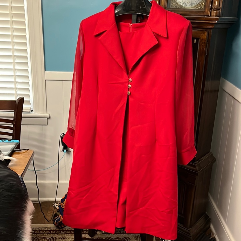 VANY, 22W, Red sleeveless dress with long jacket, sheer sleeves, made in 🇺🇸